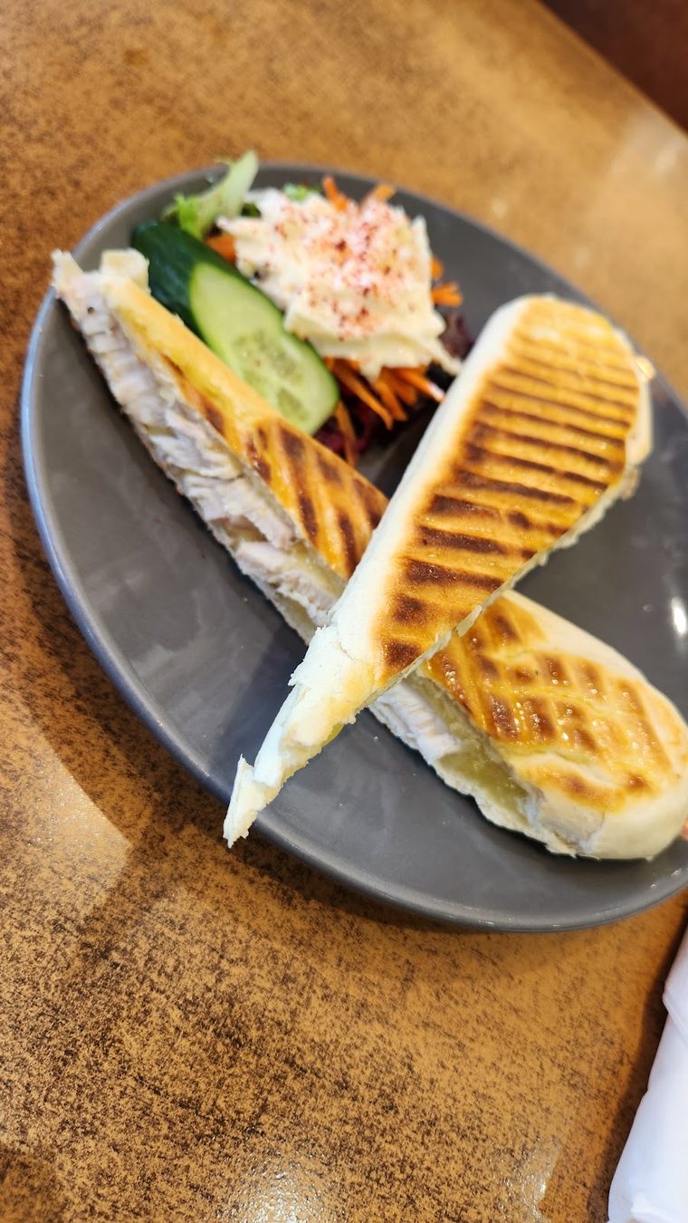 A toasted panini cut in half with salad and coleslaw on a dark plate